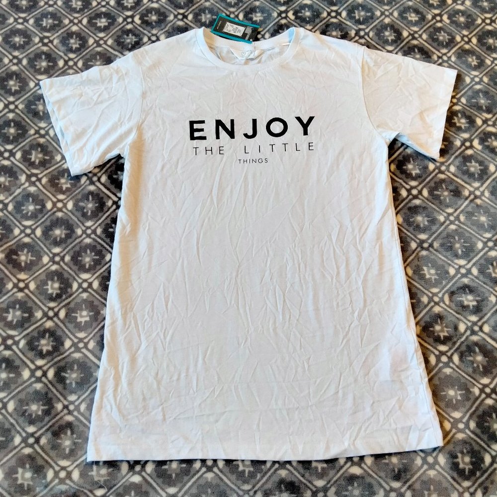 18 Primark Enjoy the Little Things White T Shirt Top Long Oversized US 6 8 S M N
